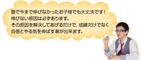 塾で今まで伸びなかったお子さまでも大丈夫です！伸びない原因は必ずあります。その原因を解決してあげるだけで、生成だけでなく自信とやる気を伸ばす事が出来ます。