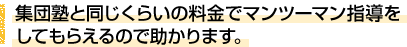 集団塾と同じくらいの料金でマンツーマン指導をしてもらえるので助かります。