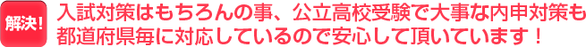 入試対策はもちろんの事、公立高校受験で大事な内申対策も都道府県毎に対応しているので安心して頂いています！