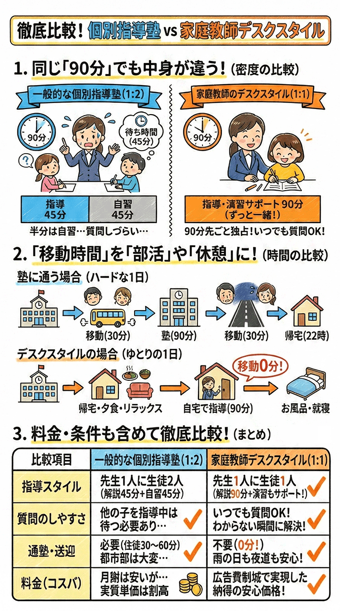 【徹底比較】個別指導塾 vs 家庭教師デスクスタイル